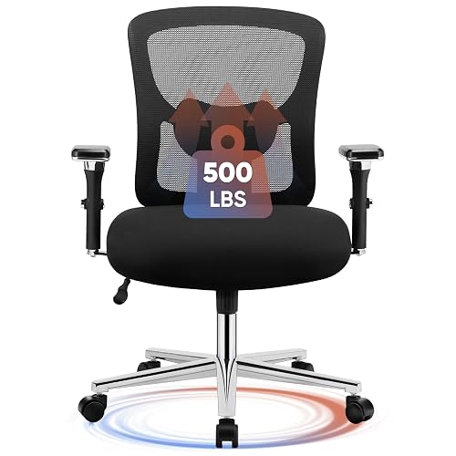 DUMOS Big and Tall Office Desk Chair, 500lbs Heavy Duty Mesh Chair | Ergonomic 4D Armrest, Comfortable Lumbar Support, Wide Seat, 360° Swivel Rolling Wheels, Adult, Black