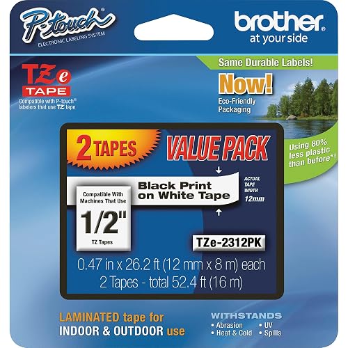 Brother Genuine P-Touch, TZe-231 2 Pack Tape (TZE2312PK) ½”(0.47”) x 26.2 ft. (8m) Laminated P-Touch Tape, Black on White (Pack of 2)