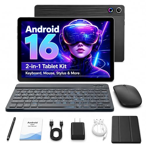 Jeazans Android 16 Tablet 10.1 Inch, 2-in-1 Tablet Bundle with Keyboard, Wireless Mouse, Stylus, Leather Case, Dual Camera, 64GB Storage+1TB Expansion, Portable Laptop for Students & Business