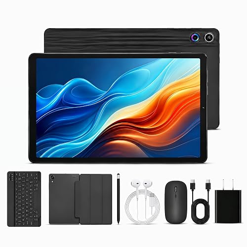 Jeazans Android 16 Tablet 10.1 Inch, 2-in-1 Tablet Bundle with Keyboard, Wireless Mouse, Stylus, Leather Case, Dual Camera, 64GB Storage+4TB Expansion, Portable Laptop for Students & Business