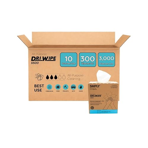 Dri-Wipe S500 by SMPLY Brands: All-Purpose Dry Wipes, 10 Boxes of 176 (1,760 Total Wipes), Alternative to Shop Towels & Paper Towels, 8" x 12" Center Pull Sheets (10, S500, 300-Count, 10-Box Case)