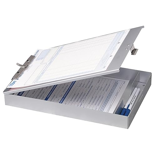 Officemate Aluminum Storage Clipboard with Steel Clip, Holds Up to 50 Forms, Pen and Pencil Compartment, 10 x 16.5-Inches Document Organizer, Silver