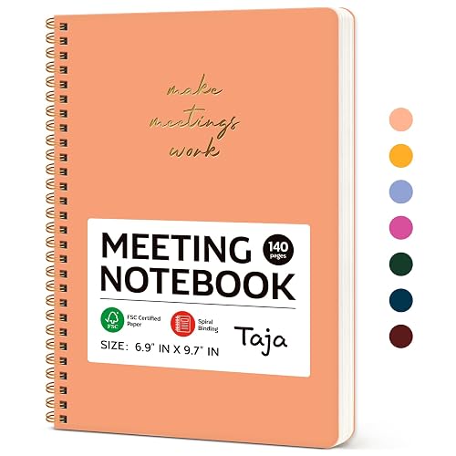 Taja Meeting Notebook for Work, Project Planner, 6.9" X 9.7", 140 Pages | Work Notebook with Action Items, Meeting Minutes Planner Notebook, Office Supplies for Men & Women, Coral