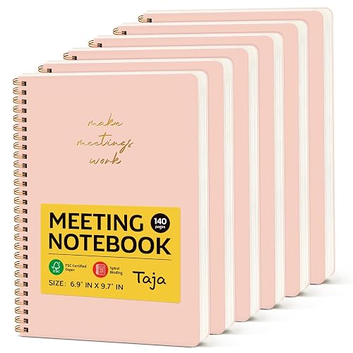 Taja Meeting Notebook for Work, Project Planner, 6.9" X 9.7", 140 Pages | 6 Pack Work Notebook with Action Items, Meeting Minutes Planner Notebook, Office Supplies for Men & Women, Pink