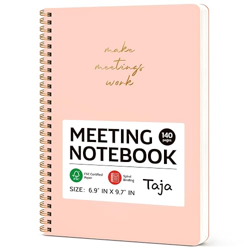 Taja Meeting Notebook for Work, Project Planner, 6.9" X 9.7", 140 Pages | Work Notebook with Action Items, Meeting Minutes Planner Notebook, Office Supplies for Men & Women, Pink