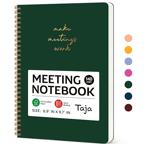 Taja Meeting Notebook for Work, Project Planner, 6.9" X 9.7", 140 Pages | Work Notebook with Action Items, Meeting Minutes Planner Notebook, Office Supplies for Men & Women, Dark Green