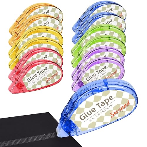 Secopad Scrapbook Tape, Glue Tape for Crafts, 12 Pack, Clear Colored Shell | 0.3IN x 26FT, Sticky & Safe, Double Sided Tape for Crafts, Scrapbooking Junk Journaling Supplies, For School Office Teachers