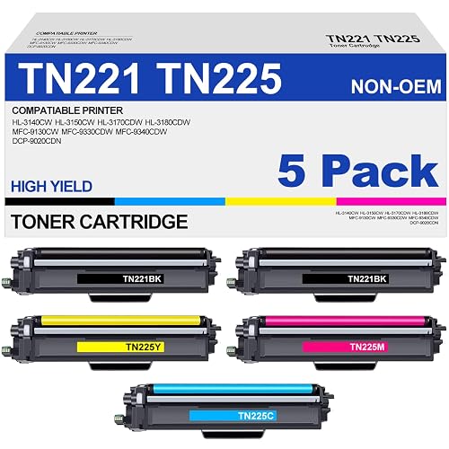 TN221 TN225 Toner Cartridge High Yield Replacement for Brother TN 221 TN 225 Compatible with MFC-9130CW HL-3170CDW HL-3140CW HL-3180CDW MFC-9330CDW (2 Black, 1 Cyan, 1 Magenta, 1 Yellow, 5 Pack)
