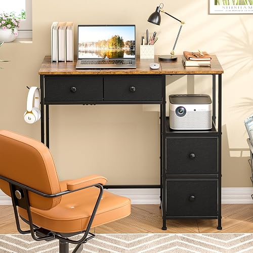 3IngSeagulls Small Computer Desk with 4 Fabric Drawers, Simple Writing Desk for Home Office, Compact Study Desks for Small Spaces, Kids Desk Study for Bedroom, Rustic Brown