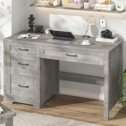 Vabches Executive Desk with 3 Storage Drawers, Grey | Farmhouse 47" Wood Computer Desk with File Drawer, Workstation for Home Office, Study, Writing