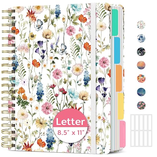 Taja Large Spiral Notebooks for Work 5 Subject with Removable Dividers | 8.5" x 11" Pretty Hardcover Notebook Journal for Women, College Ruled, Perfect for Study & Office , 280 Pages, Wildflowers