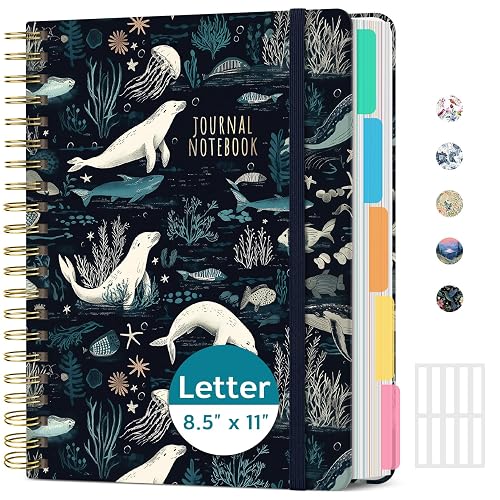 Taja Large Spiral Notebooks for Work 5 Subject with Removable Dividers | 8.5" x 11" Pretty Hardcover Notebook Journal for Women, College Ruled, Perfect for Study & Office , 280 Pages, Secret Sea