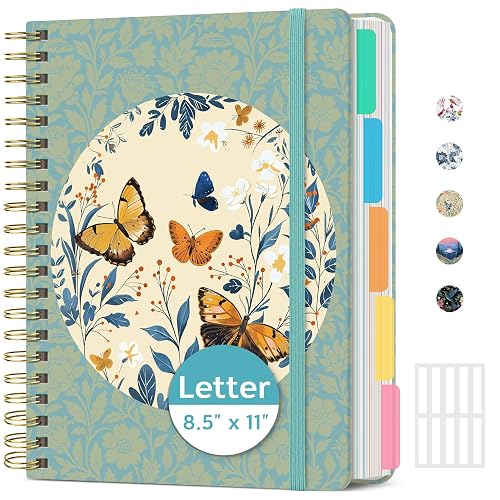 Taja Large Spiral Notebooks for Work 5 Subject with Removable Dividers | 8.5" x 11" Pretty Hardcover Notebook Journal for Women, College Ruled, Perfect for Study & Office , 280 Pages, Floral Halo