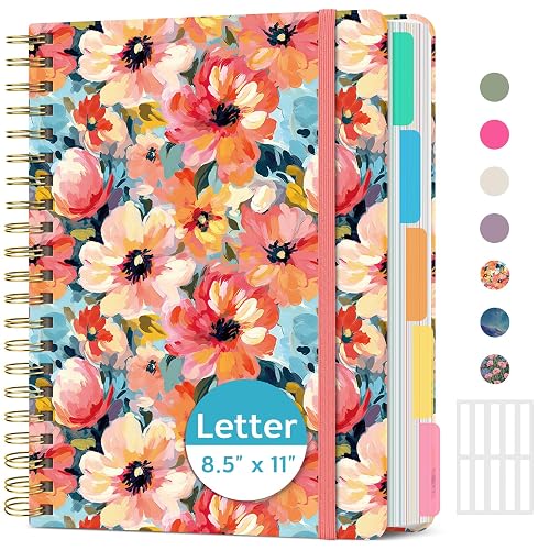 Taja Large Spiral Notebooks for Work 5 Subject with Removable Dividers | 8.5" x 11" Pretty Hardcover Notebook Journal for Women, College Ruled, Perfect for Study & Office , 280 Pages, Pastel Garden