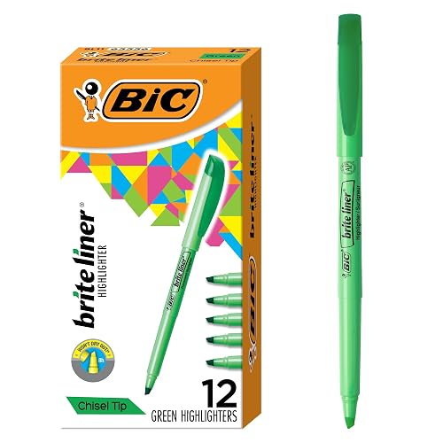 BIC Brite Liner Highlighters, Chisel Tip, 12-Count Pack of Green Ink | Ideal Highlighter Set for Organizing and Coloring, Vivid Translucent Ink, Resists Smudging and Fading