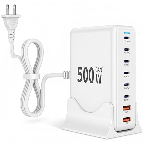 500W USB C Charger Block Charging Station,GaN3 8-Port Fast Charger Block with Dual PD 100W USBC Fast Charging Station Desktop Hub Compatible with iPhone 17 16 15 14/Pro Max/MacBook Pro/Air/iPad(White)