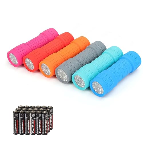 EverBrite 6-Pack Mini Flashlights, 9-LED Flashlight, Batteries Included | Small, Lightweight, 6 Assorted Colors, 18 AAA Batteries, Wrist Lanyards, for Home, Camping & Emergency Use, Holiday Gifts