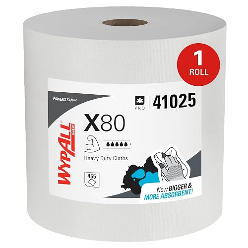 WypAll PowerClean X80 Heavy Duty Cloths, Jumbo Roll, 455 Towels (41025) | White Towels, Thick & Highly Durable, Ideal for Cleaning Abrasive Surfaces, Strong Enough to be Reused