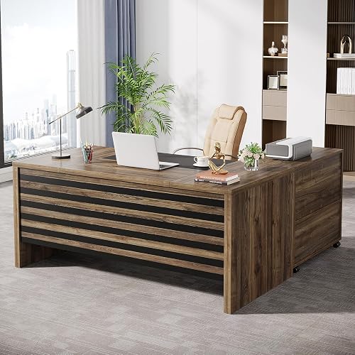 Tribesigns 62.2" L-Shaped Executive Desk with Mobile File Cabinet | Office Desk with Storage Shelves, Large Writing Table Computer Desk Business Workstation Set for Home Office, Light Brown