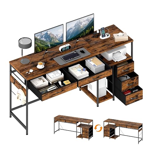 YOSHOOT 60" Computer Desk with 5 Drawers and Power Outlets, Rustic Brown | 5 fabric drawers and built-in power outlets support home office, study and gaming setups.