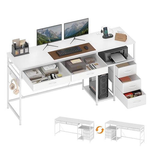 YOSHOOT 60" Computer Desk with 5 Drawers and Power Outlets, White | 5 fabric drawers and built-in power outlets support home office, study and gaming setups.