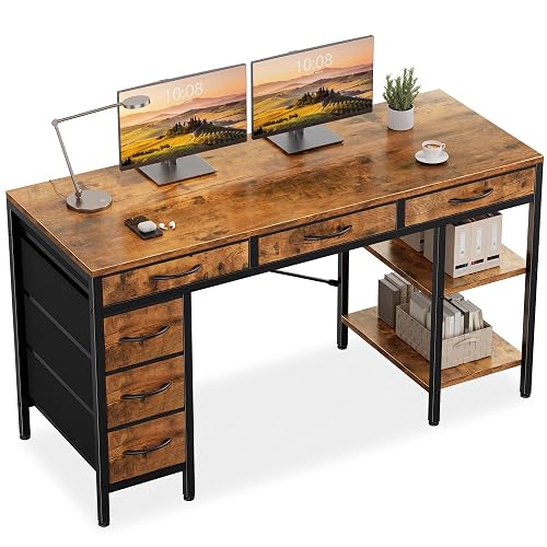 Sweetcrispy 55" Computer Desk with 6 Fabric Drawers & Storage Shelves | Reversible Gaming Workstation with Storage, Computer Table for Corner Spaces, Home Office & Living Room, Rustic Brown