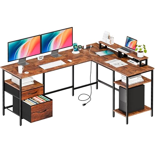 DUMOS 62” L Shaped Desk with Drawers and Power Outlet, Rustic Brown | Reversible Computer Desk with 2 Monitor Stands and Storage Shelves, Office Desk for Gaming, Writing and Studying