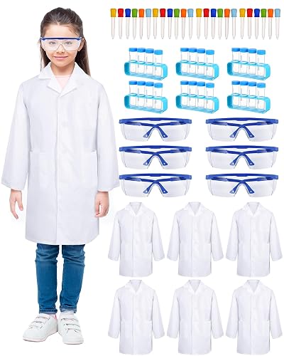 Unittype 6 Set 66 Pcs Kids Lab Coats with Goggles Test Tubes White, M | Doctor Costume Role Play, Halloween Dentist Scientist Costumes Kids Kit for Boys Girls, Party Favors Classroom Activities
