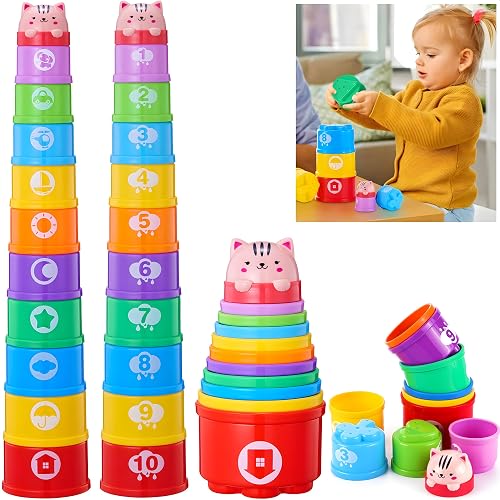 Wanonoo Stacking Cups Baby Toy Set, Nesting Stacking Toys for Toddlers 1-3 Montessori Toys for 1 Year Old Babies 6-12-18 Month Stackable Number Blocks Infant Sensory Bath Easter Basket Stuffers Gifts