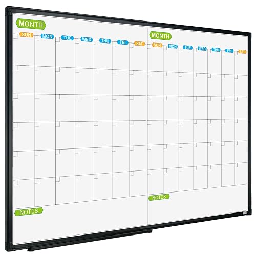 JILoffice Magnetic Dry Erase Calendar Whiteboard, 2 Month White Board Planner 36 X 24 Inch, Black Aluminum Frame Wall Mounted Board for Office Home and School