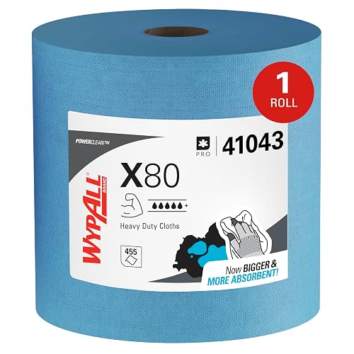 WypAll PowerClean X80 Heavy Duty Cloths, Jumbo Roll, 455 Towels (41043) | Blue Shop Towels, Thick & Highly Durable, Ideal for Cleaning Abrasive Surfaces, Strong Enough to be Reused