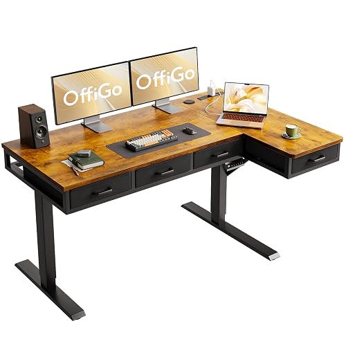 OffiGo 55 Inch L Shaped Electric Standing Desk with 4 Drawers, Rustic Brown | Reversible Corner Table, Office Desk With 4 Drawers and Outlets For Home Office, Computer Workstation And Sit Stand Use