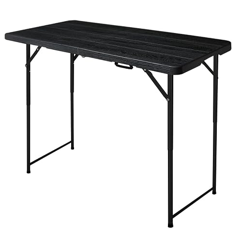 FROASISPRO 4ft Folding Table, Portable Fold-in-Half Adjustable Height Utility Table for Indoor/Outdoor Use, Durable HDPE & Steel, Stable & Lightweight, Multi-Purpose, Black Woodgrain