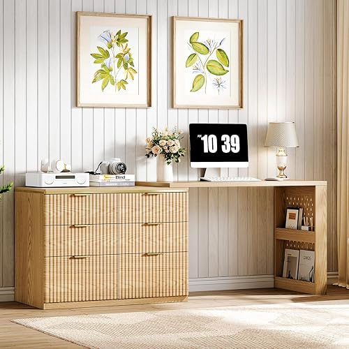 Ieejdn Computer Desk with 6 Drawers, 78" Modern Writing Desk with 0.98" Thickened Desktop & Storage Shelves, Adjustable Direction & Extendable Executive Office Desk Study Table for Home Office, Oak