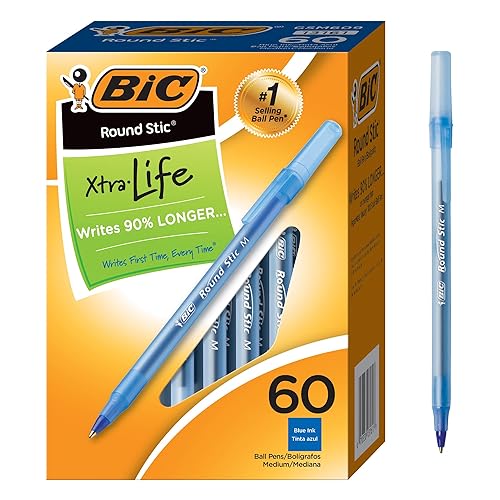 BIC Round Stic Xtra Life Ballpoint Pens, 60-Count in Blue Ink | holiday Stocking Stuffers, Smooth Consistent Ink, Comfortable Round Barrel, Office and Writing Supplies