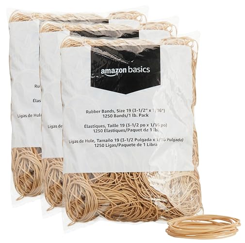 Amazon Basics Rubber Bands, Office Supplies, Size 19 (3-1/2 x 1/16 Inch), Stretchy, 1250 Bands/1 lb. Pack, 3-Pack, Tan