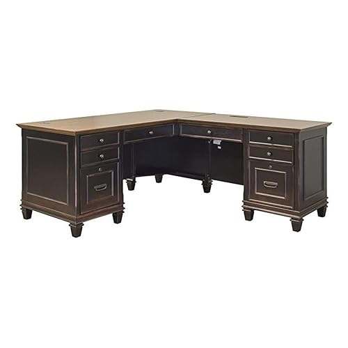 Martin Furniture Hartford Modern Pedestal L-Shaped Wood Desk with 8 Drawers (2 Drop-Front Keyboard/Pencil, 4 Utility, 2 Locking Letter/Legal File), 2 Grommets, in Brown Finish