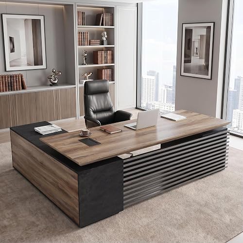 78.74IN Adjustable Heigh L Shaped Executive Desk with Drawers | Modern Executive Standing Home Office Desk w/Universal Charging Ports, Large Business Workstation w/Cord Management