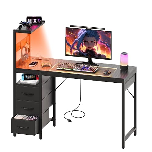 40 Inch Small Gaming Computer Desk with Led Lights & Storage Shelf, Black | Reversible, Power Outlets, 3 Drawers, Carbon Fiber, PC Desk, Mesa Gamer, Compact Desk for Small Space, Bedroom, Home Office