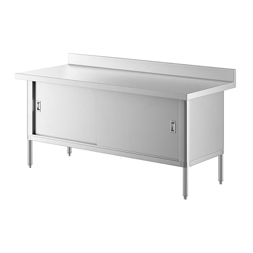 Stainless Steel Work Table with Storage 72" x 30" – Commercial Enclosed Base Prep Table with Sliding Doors, 16 Gauge Type 430 Stainless Steel Top, 4" Backsplash, NSF Kitchen Work Table