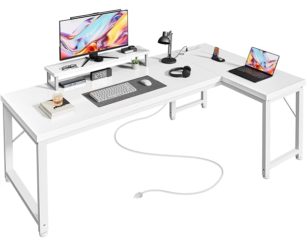 PRAISUN 53" L Shaped Computer Desk, Power Outlets, Monitor Stand, White | USB-C Ports, Reversible Charging Station, Spacious Desktop & Legroom, 0.94 Inch Thick Desktop, for Gaming, Study & Work
