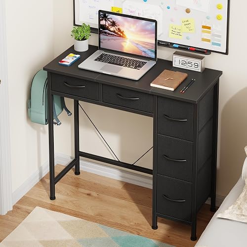HIGDBFE 33" Small Computer Desk with 5 Fabric Drawers, Black, 14.2" D | Side Hook, Scratch-Resistant Top, Reinforced V-Brace and Adjustable Feet for Home Office, Bedroom, Dorms and Small Space