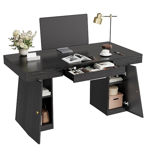 Garvee Modern Computer Desk, 55 x 27.5 Inch Large Office Desk with Drawers, Gaming Desk with Storage Shelves, Writing Study Desk for Home Office，Black