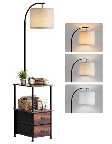 Floor Lamp with Table, Bedside Nightstand End Table with 2 Fabric Drawers | Small Narrow Coffee Table with Lamp, Modern Standing Lamp with Storage Shelves, 3-CCT Bulb, Bedroom Office Home Décor Brown