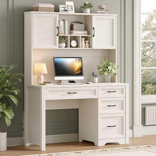 Vabches Farmhouse Desk with Hutch, Executive Desk with Storage Cabinet, Rustic Large Home Writing Desk with Drawers for Work Study Writing, Pure White