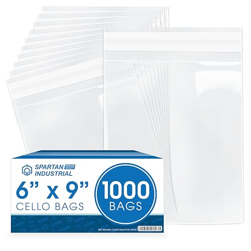 6" X 9" Self-Sealing Cellophane Bags (1000 Count) Clear | Resealable Cello Bags for Cards, Photos, Cookies, Retail Packaging - Reinforced Sides - Spartan Industrial