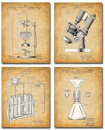 Lone Star Art Original Science Lab Equipment Patent Prints - Set of Four Photos (8x10) Unframed - Makes Great Classroom Laboratory Decor and Gift Under $20 for Scientists Chemistry Decor