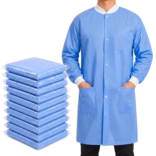 Geiserailie 10 Pack Disposable Lab Coats, Individually Packaged | Disposable Sms Lab Coats, Knee Length, Knit Cuff & Collar, Unisex for Art Science, Long