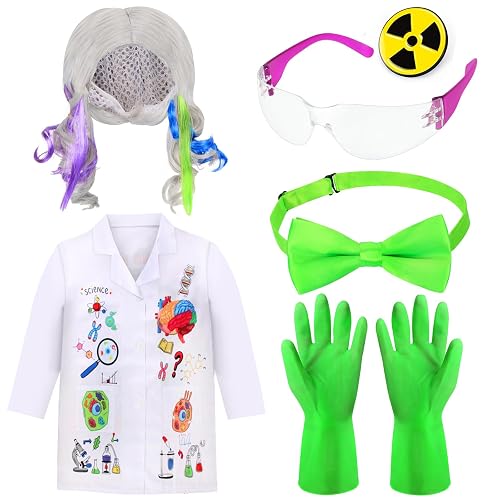 Kyson 6 Pieces Mad Scientist Costume for Girls-Crazy Science Lab Coat Wig Goggles Gloves Bowtie Brooch for Halloween Dress Up