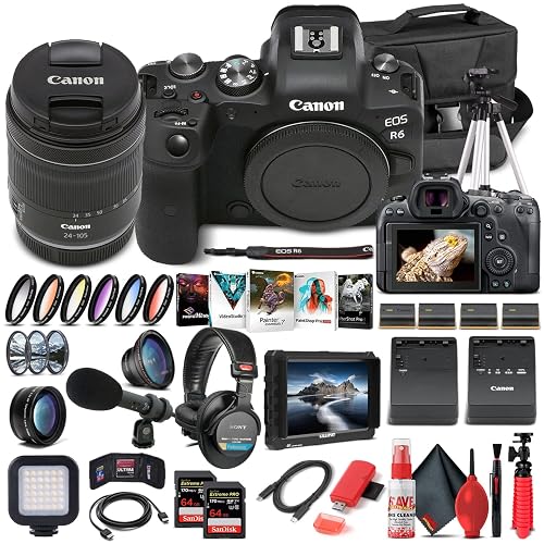Canon EOS R6 Mirrorless Camera with 24-105mm f/4-7.1 Lens (4082C022) Bundle | For Photography & Video + Microphone + Monitor + 2x 64GB Memory Cards + Tripod + Case + Photo Software + More